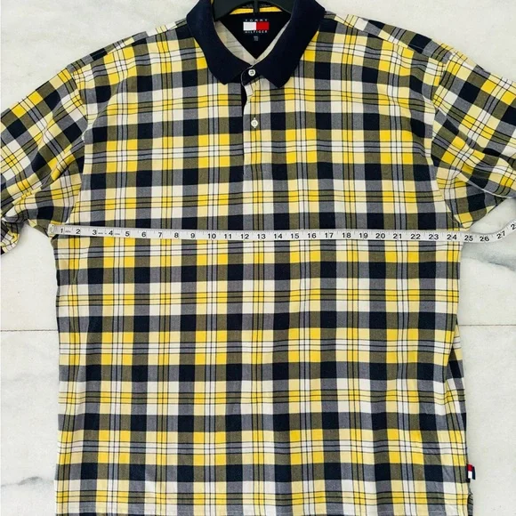 90s VTG Tommy Hilfiger Polo Shirt Yellow Blue Plaid Cotton Men XXL Preppy Grunge - Picture 6 of 9